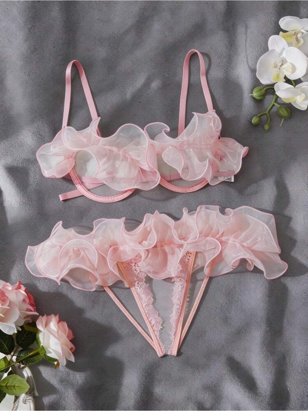 SHEIN Light Pink Ruffle Sheer Bra & Garter Set